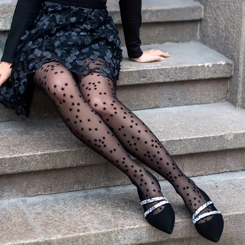 Ladies Elegant Star Pattern See-Through Leggings - High Waist, Stretch Nylon and Spandex Blend, Perfect for Casual Wear