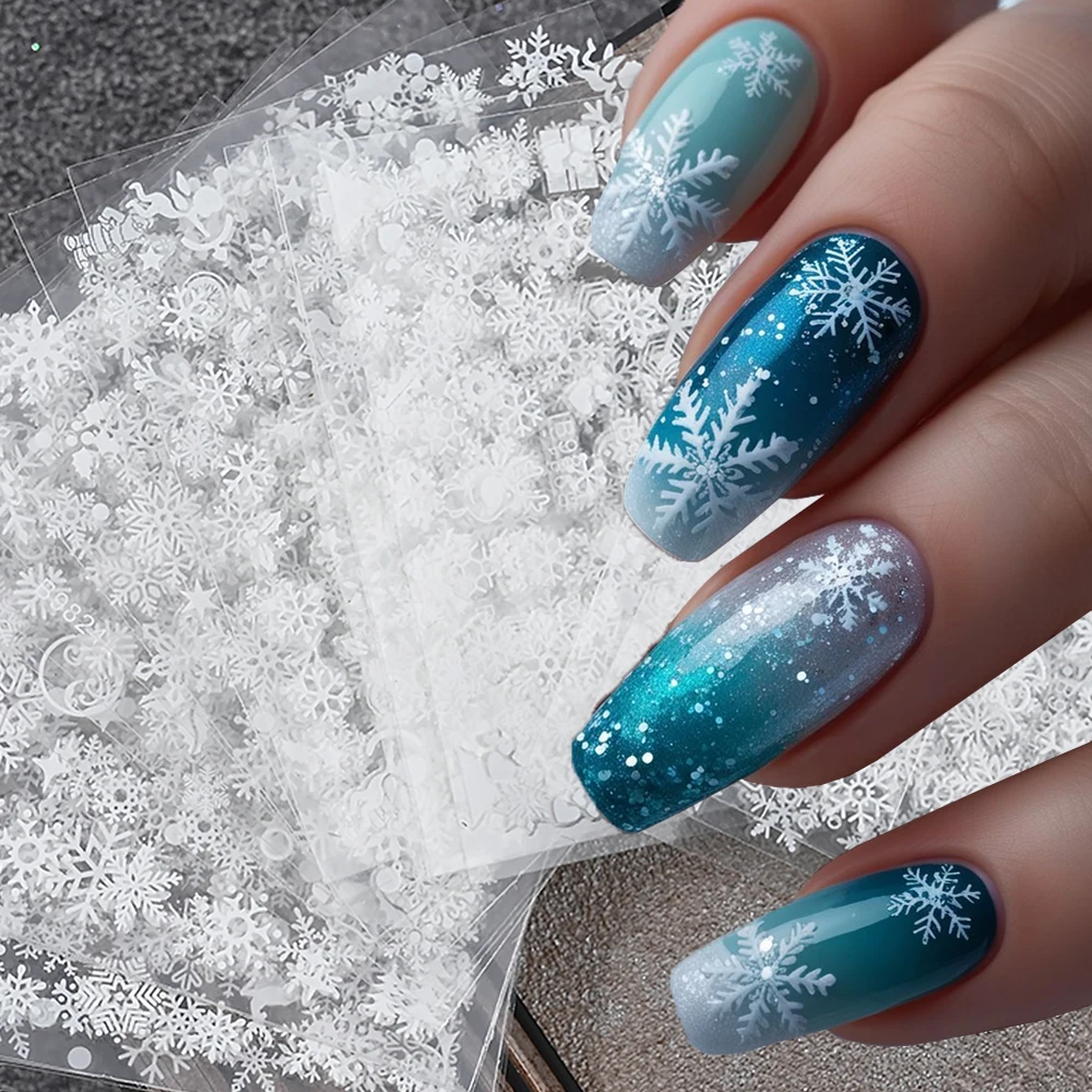 30pcs/Set French Snowflake Christmas Nail Art Stickers 3D Multiple Models Self Adhesive Snowflakes Nail Decals Manicure Slider﻿