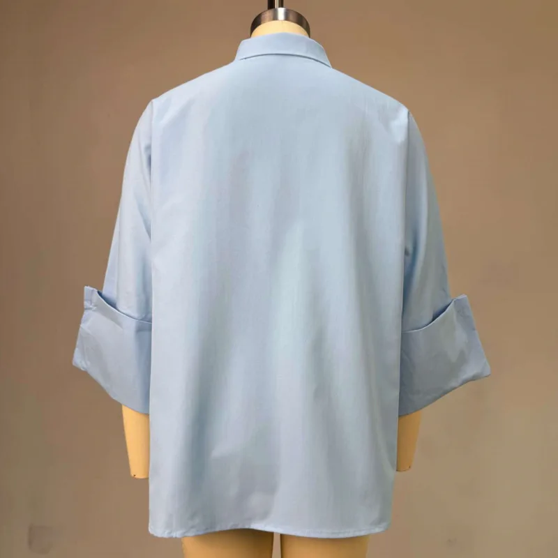 HKSH Spring Autumn New Women Chic Shirt Turn-down Collar Single Breasted Rolled-up Cuffs Solid Color Elegant Tide Blouse HK17225