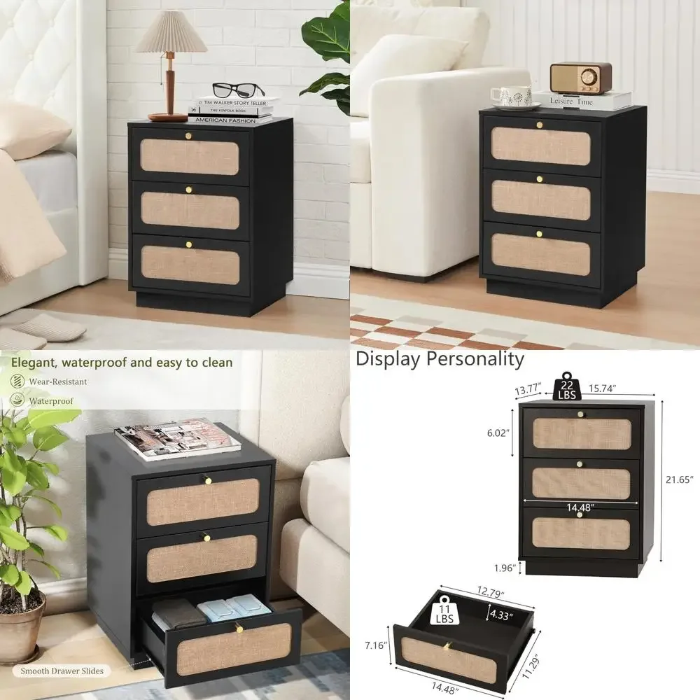 

Mid Century 3-Drawer Nightstand with Curved Linen Panel, Farmhouse Style Storage End Table, Modern Bedside Table with Storage fo