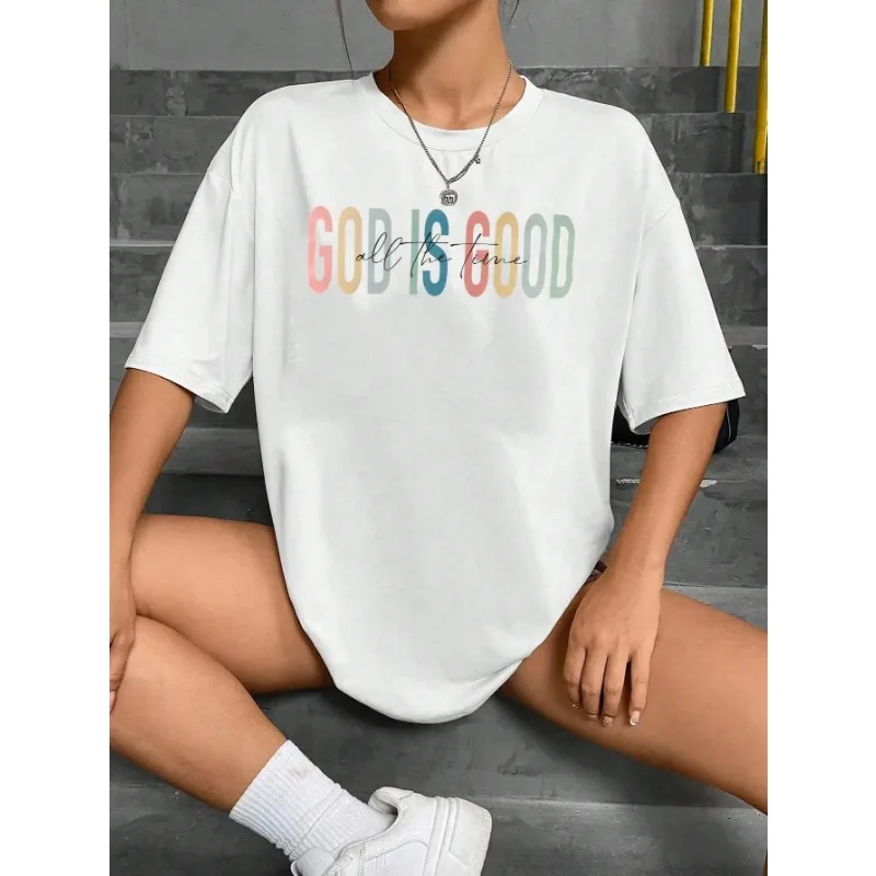 God Is Good Letter Print Women T-Shirts Fashion Comfortable Cotton Short Sleeve Summer Casual Loose O-Neck Retro Tee Shirts