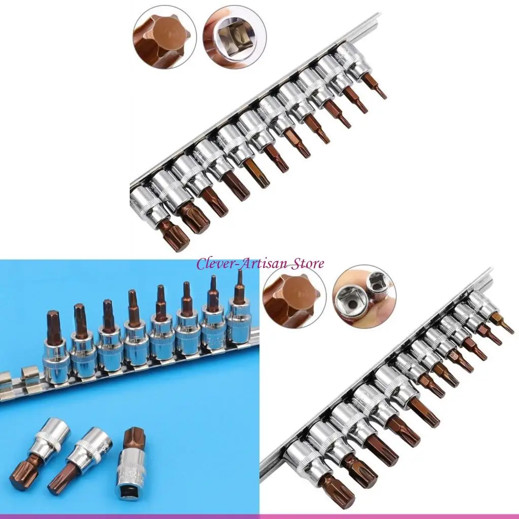 

E06B 11Pcs T10-T60 3/8" 1/4" Star Hexagonal Torx Bit Socket Chrome Vanadium Steel