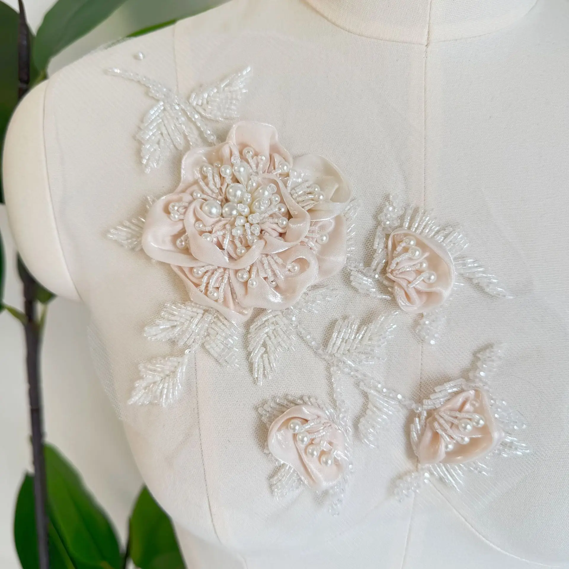 

Pink 3D Flower Embroidery Applique Gown Performance Dress Wedding Dress Handmade DIY Lace Trim Stamen