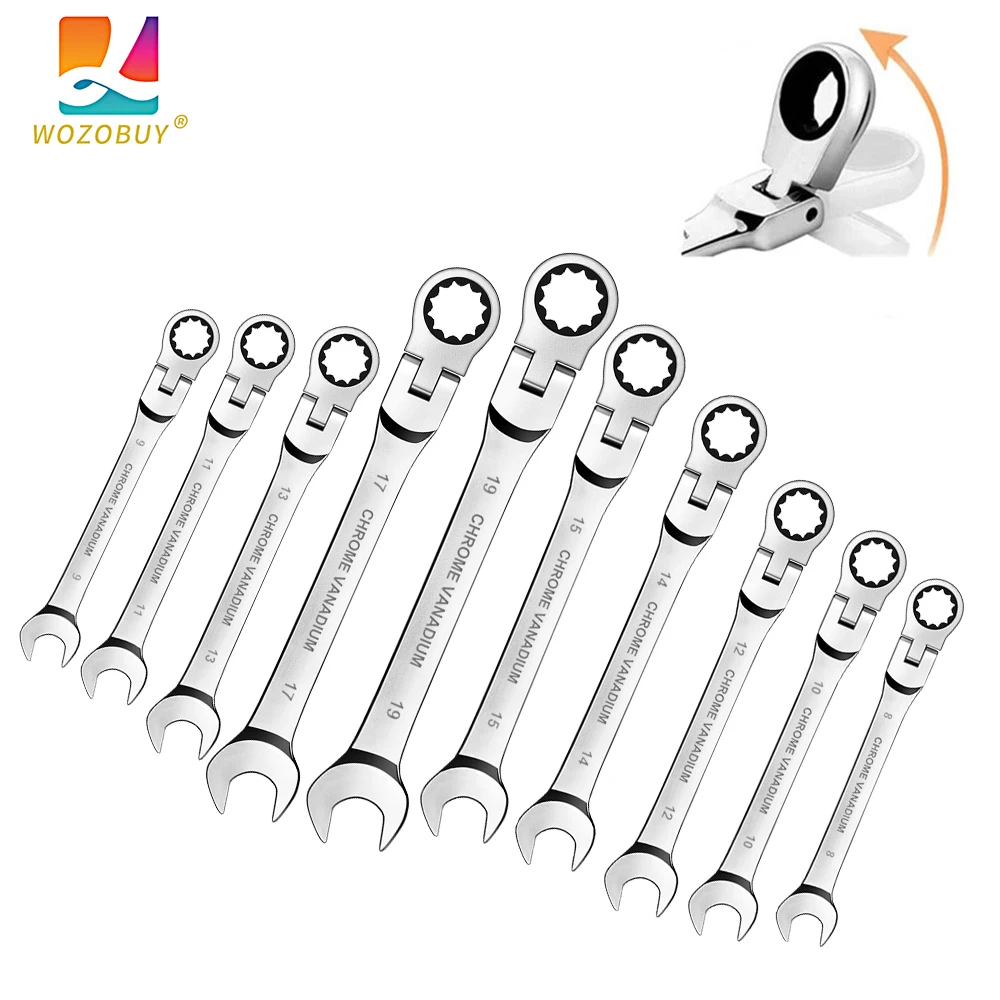 WOZOBUY Flex Head Ratchet Wrench Set,Metric,Chrome Vanadium Steel Combination Spanner Key Wrench Kits Hardware Hand Tool