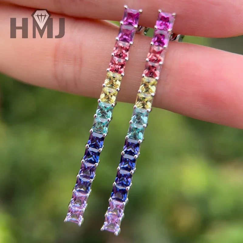 

S925 Silver 18k White Gold Plated Custom Earrings with Rainbow Lab Grown Sapphire for Women Fine Jewelry Christmas Gift Idea