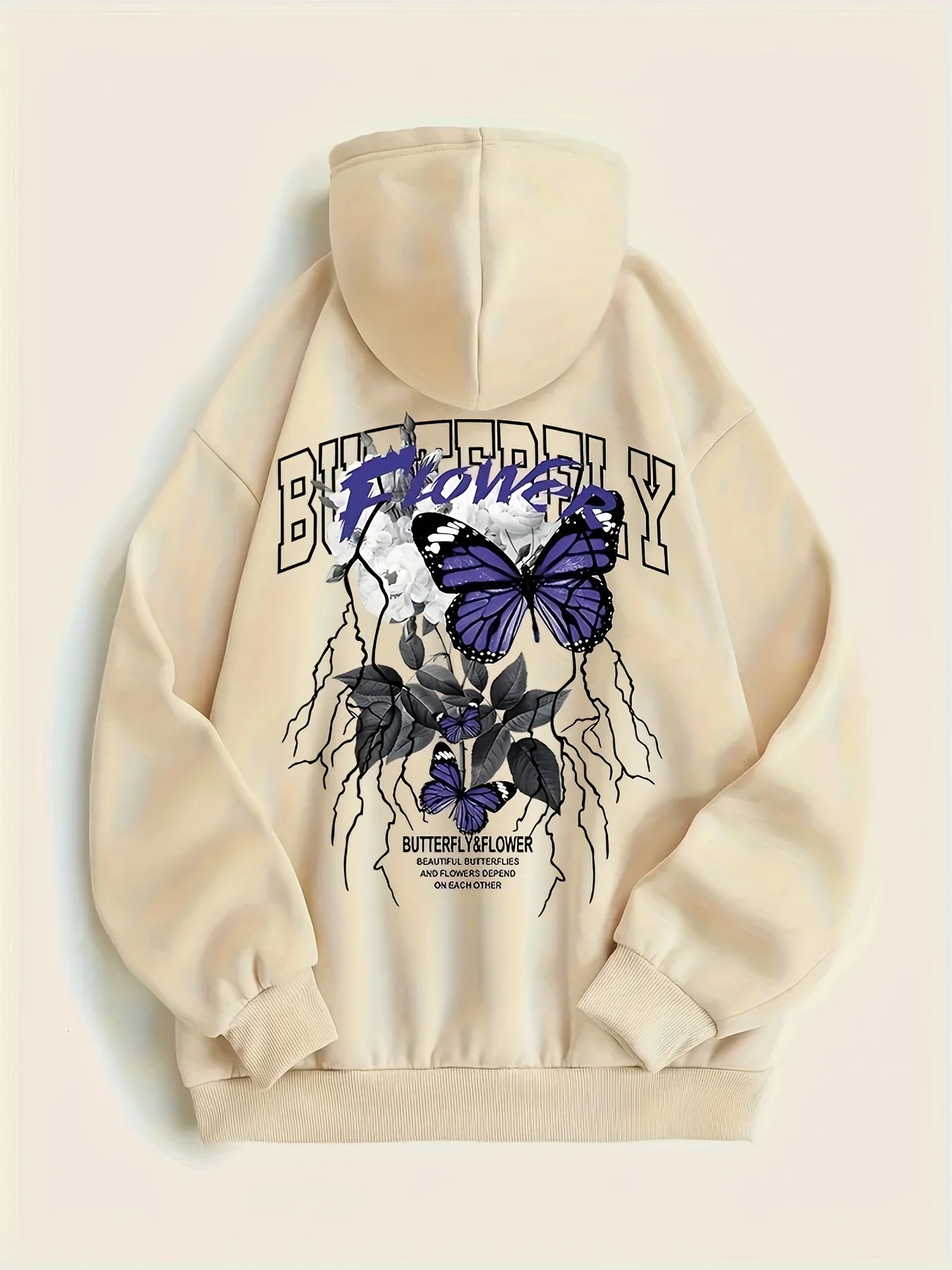 เสื้อฮู้ดพิมพ์ลายผีเสื้อ กระเป๋าจิงโจ้ แขนยาว แบบมีเชือกผูก เสื้อสเวตเชิ้ต เสื้อผ้าผู้หญิง สวมใส่สบายและมีสไตล์