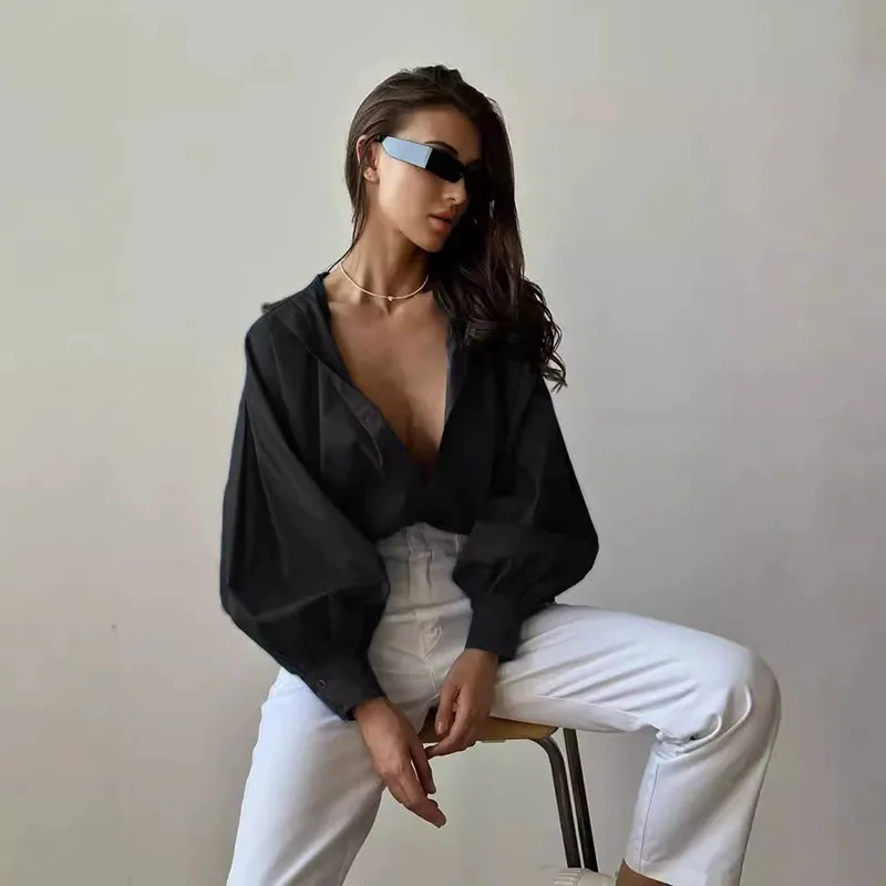 بلوزة نسائية كبيرة الحجم بأكمام واسعة على شكل فانوس 2025 قميص جديد فضفاض غير رسمي ملابس الشارع أسود وأبيض بلوزات نسائية أساسية كلاسيكية تناسب الجميع #5