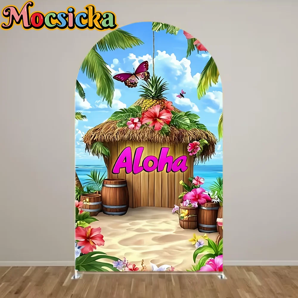Tropical Hawaiian Aloha Theme Door Flag Decoration Arched Background Summer Flowers Beach Surfboard Cover Decor Background
