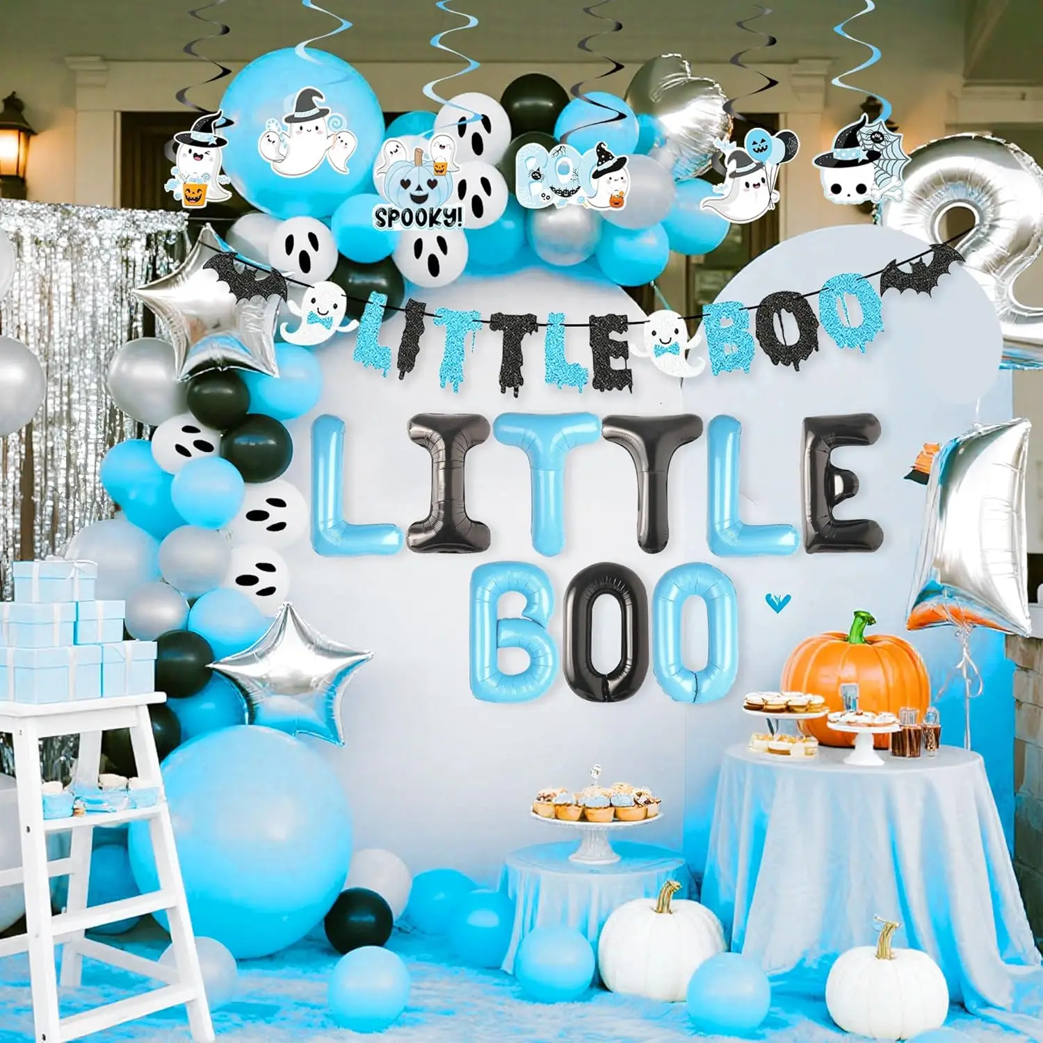 LaVenty 19-teiliges Little Boo Party-Dekor, Little Boo-Banner, Halloween-Geister-Luftballons für blau-schwarze Halloween-Babyparty-Dekoration