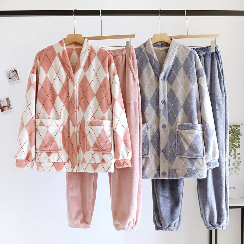 

Japanese autumn and winter pajama suit Couple V-neck flannel thickened two-piece men's and women's home clothes sleepwear