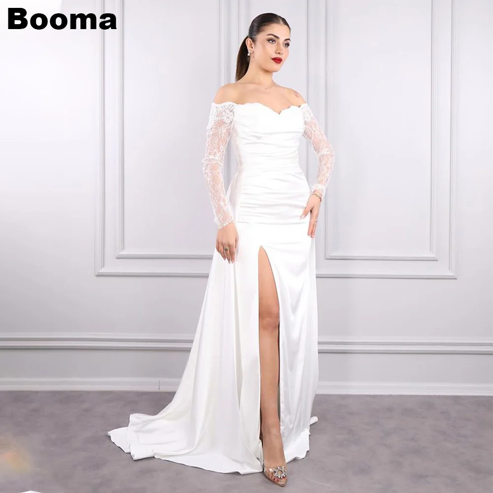 

Booma Elegant Mermaid Wedding Dresses Off Shoulder Lace Sleeves Stain Brides Dress High Side Slit Long Women's Evening Gowns