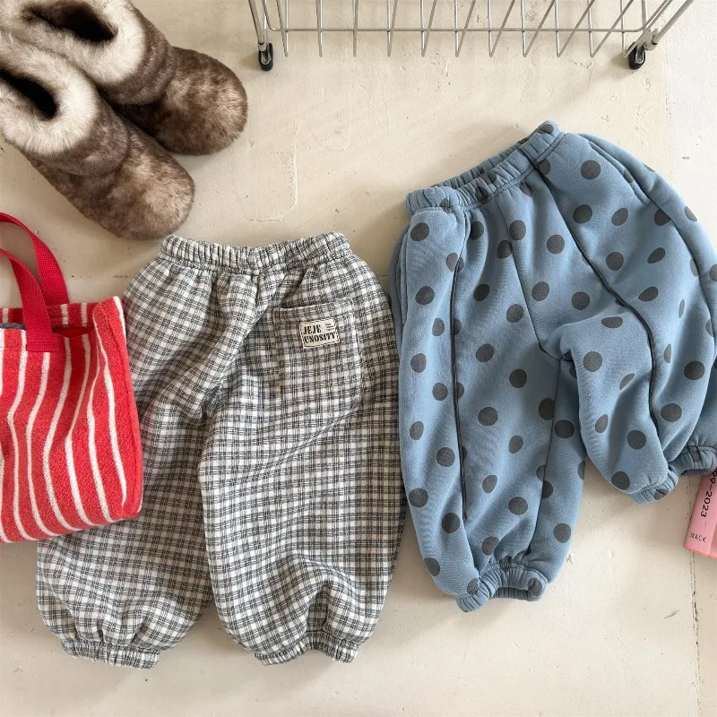2026 New Winter Girls Fleece Lining Sweat Pants Plaid Boys Thicken Warm Sports Pants Korean Style Loose Children Casual Trousers