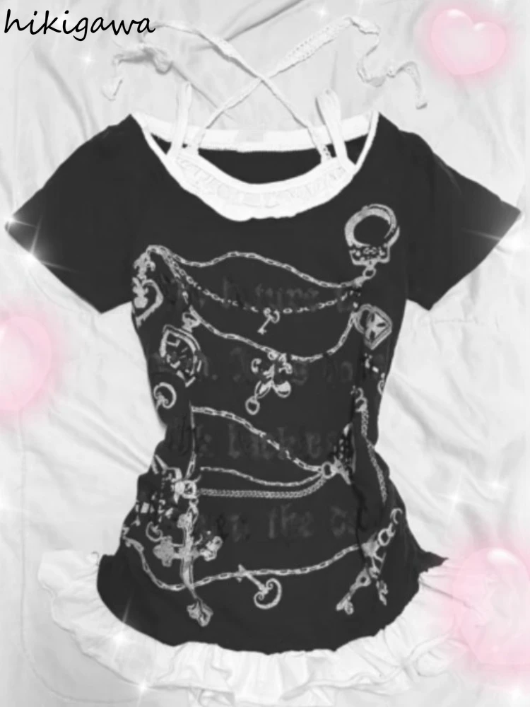 

Women Clothing Summer T Shirts Y2k Tops Harajuku Fashion Tees Casual Korean Camisetas Ropa Mujer Slim Waist Print O-neck Tshirt