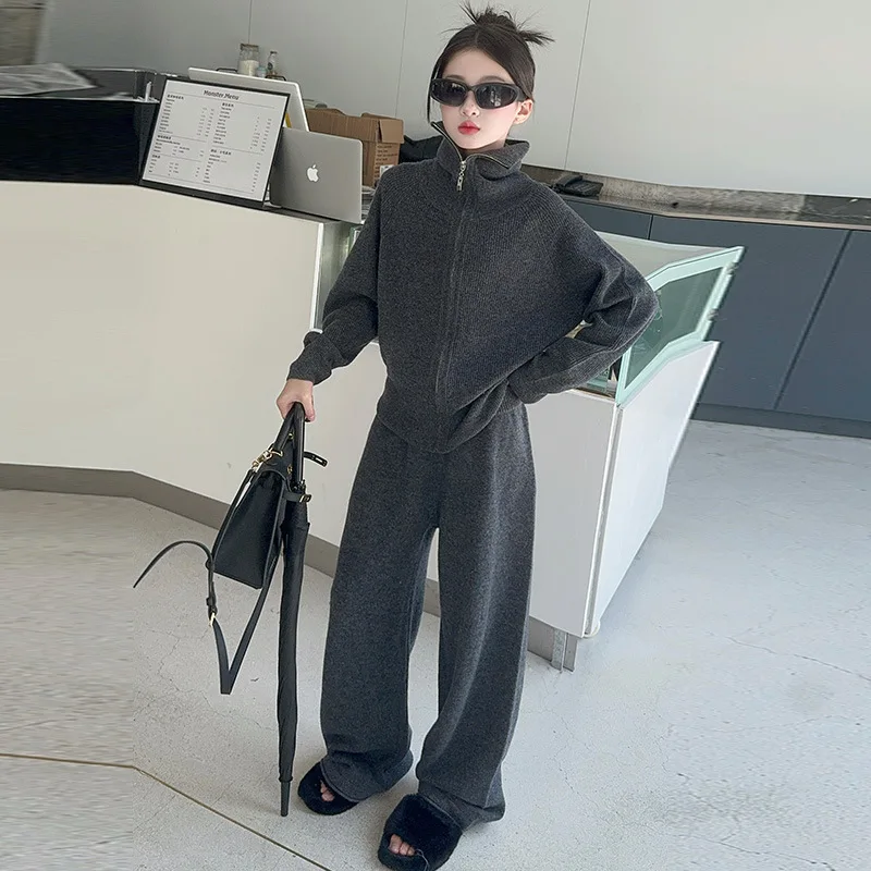 Girls Suits 2024 Fashion Senior Sense Suit Autumn Winter Lazy Zipper Sweater Wide Leg Pants Two-piece Set European Fashion Style