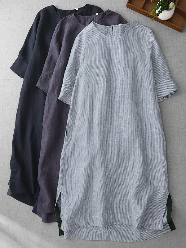 Vestido Feminino Retrô Listrado de Linho Manga Curta Verão 2025 Estilo Chinês Zen para Serviço de Chá Saia Midi Assimétrica e...