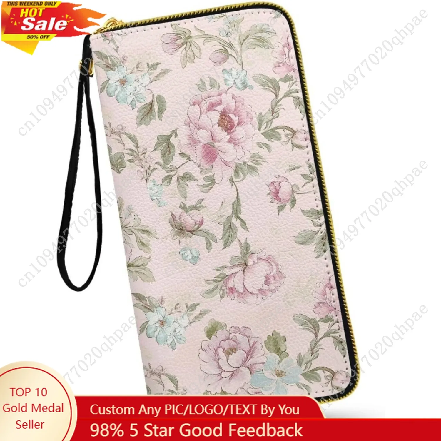 

Botanical Peony Flowers Slim Wallets for Women Phone Clutch with Wristlet, Pink Flowers Painting Leather Long Zipper Wallet Trav