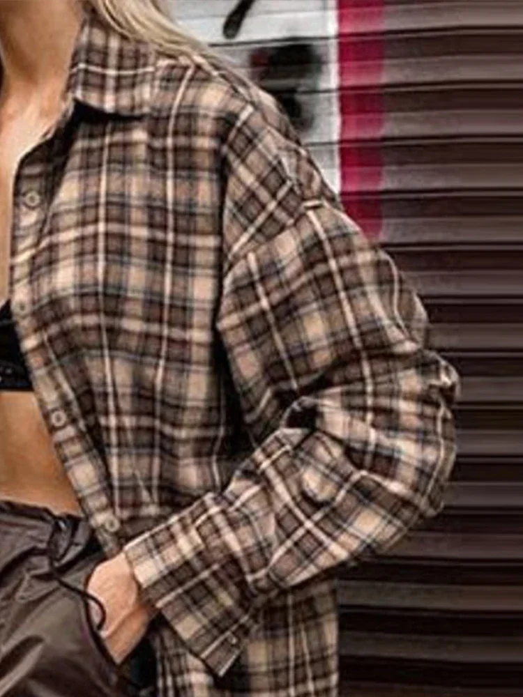 البلوزات البني منقوشة المرأة عادية كم طويل قمصان فضفاضة رفض طوق موضة ربيع الخريف مكتب سيدة الشارع الشهير