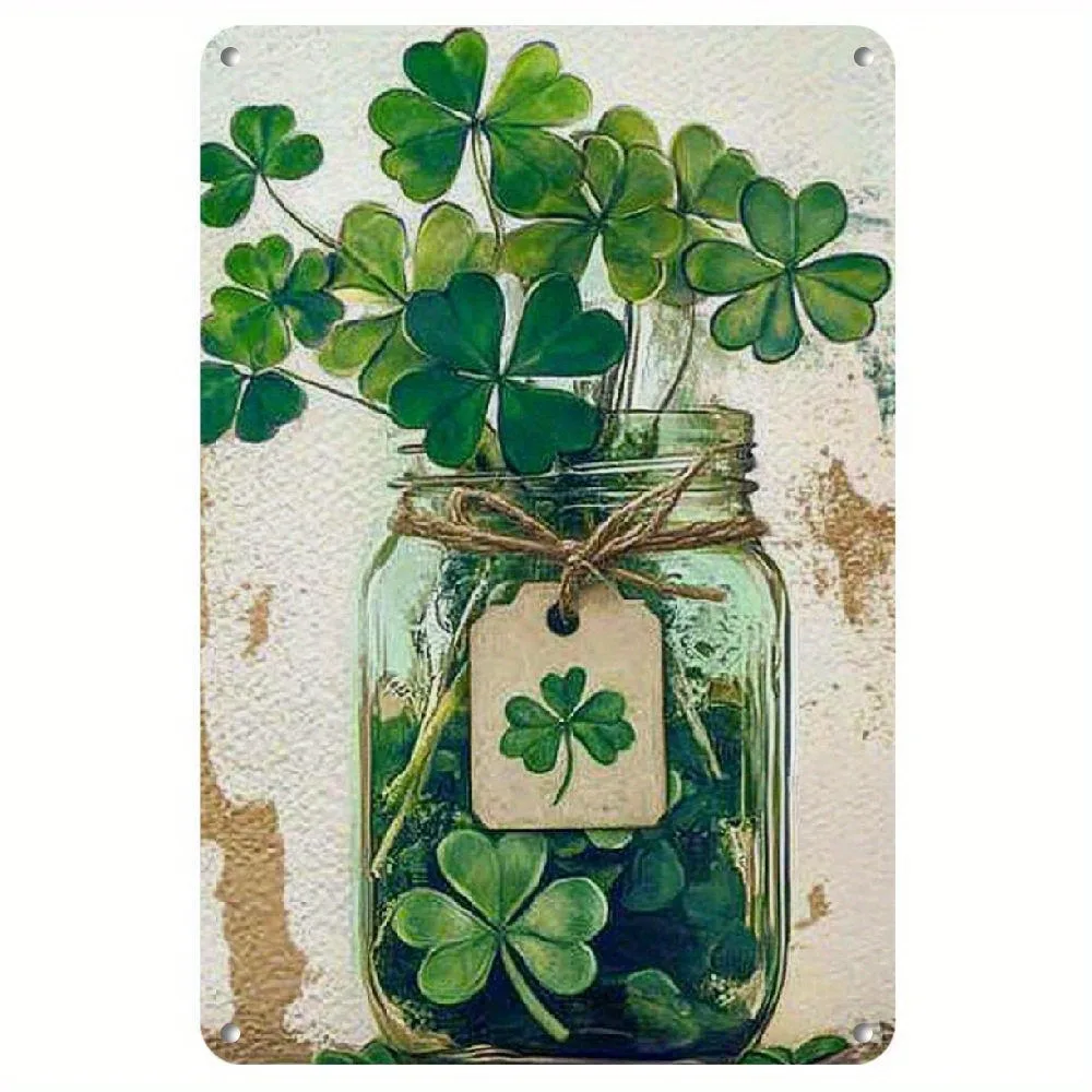 Letrero Metálico Vintage con Diseño de Trébol y Frasco Mason |   Arte Mural Verde de la Suerte para Decoración Festiva