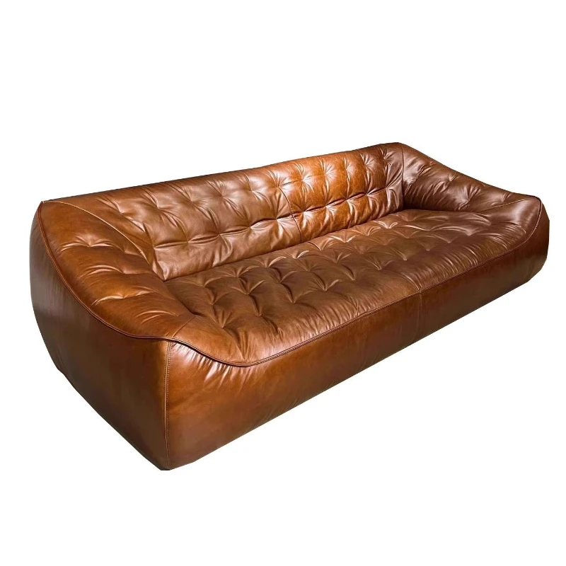 

Retro oil wax leather sofa living room three people straight row small apartment sofa