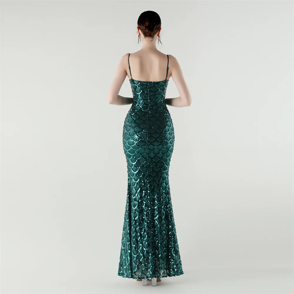 2025 New Suspender Deep V Slim Fit Fish Scale Sequin Green Dress for Party Formal Banquet Evening Dress