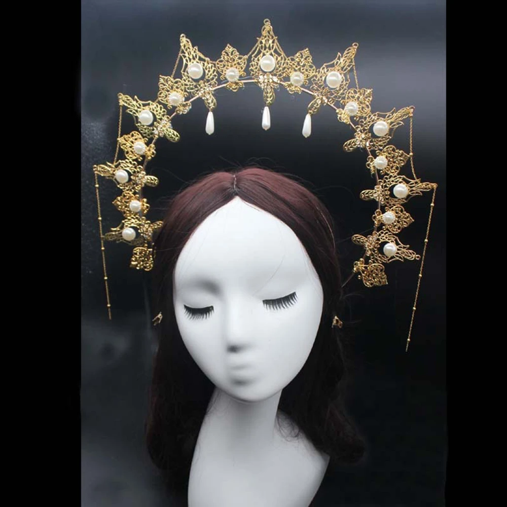 Lolita Halo Coroa Headband para Mulheres, Capacete Gótico Vintage Barroco, Tiaras Virgem Maria, Acessórios de Cabeça para Meninas