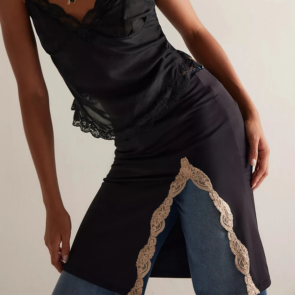 Damen y2k Vintage Boho Spitzenbesatz Patchwork Röcke Elegant Lässig Elastisch Niedrige Taille Split Saum Knielange Röcke Streetwear