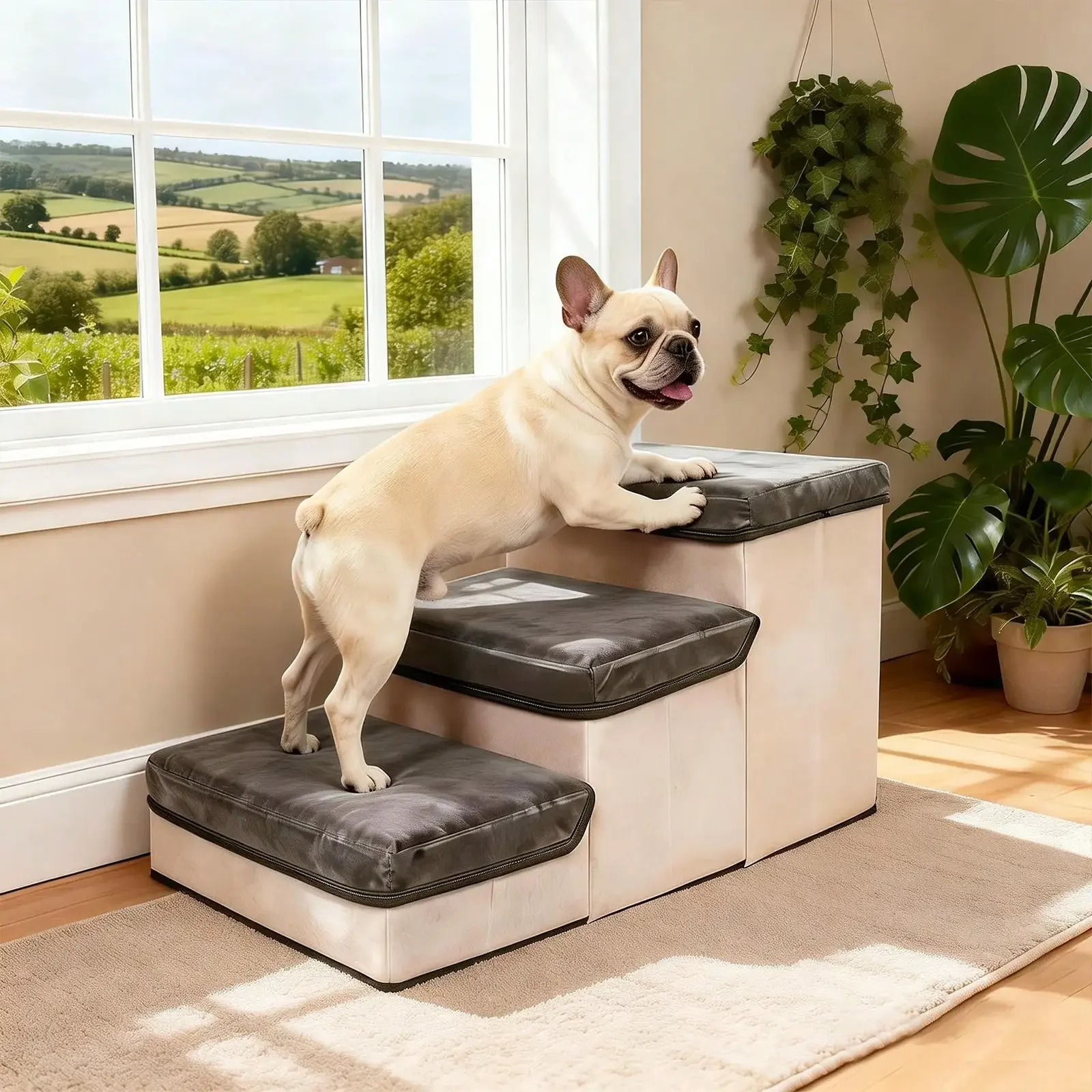 

3-Tier Collapsible Dog Stair With Non-Slip Surface, Pet Ramp For Small To Extra Small Dog Breeds-Great For High Beds And Couches