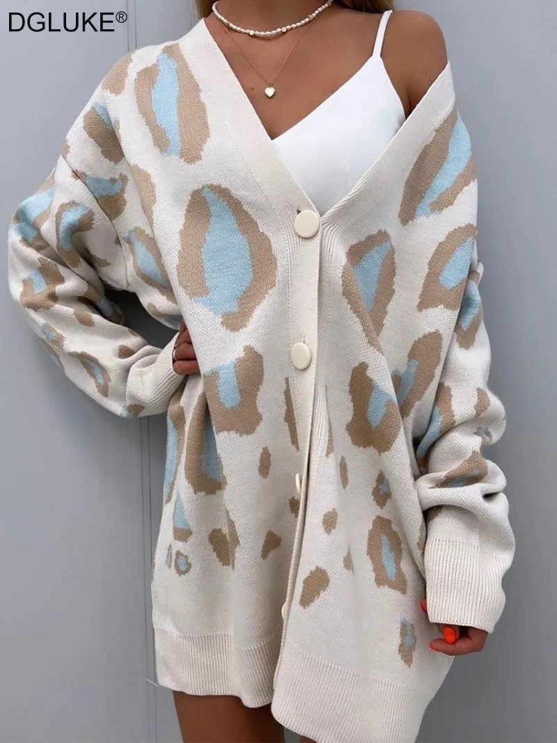 DGLUKE 2024 Winter Leopard Cardigan Woman Single Breasted Long Sleeve Knit Cardigan Sweater Loose Long Coat Knitwears