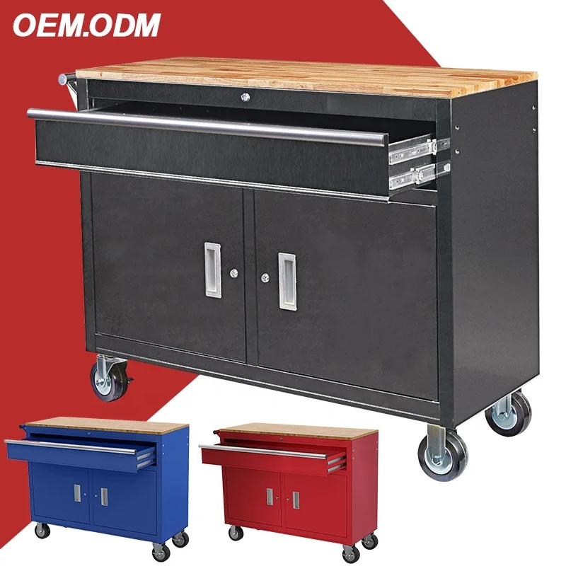China Factory In Mobile Workbench With Solid Wood Top Metal Industrial Tool Storage Cabinet With Wheels