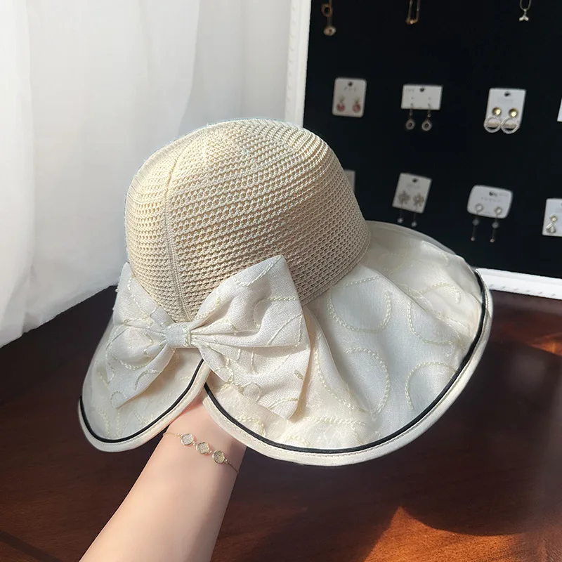 Breathable Big Brim Fisherman Hat Women's Summer Bow Black Glue Shade Hat Travel UV Foldable Hat