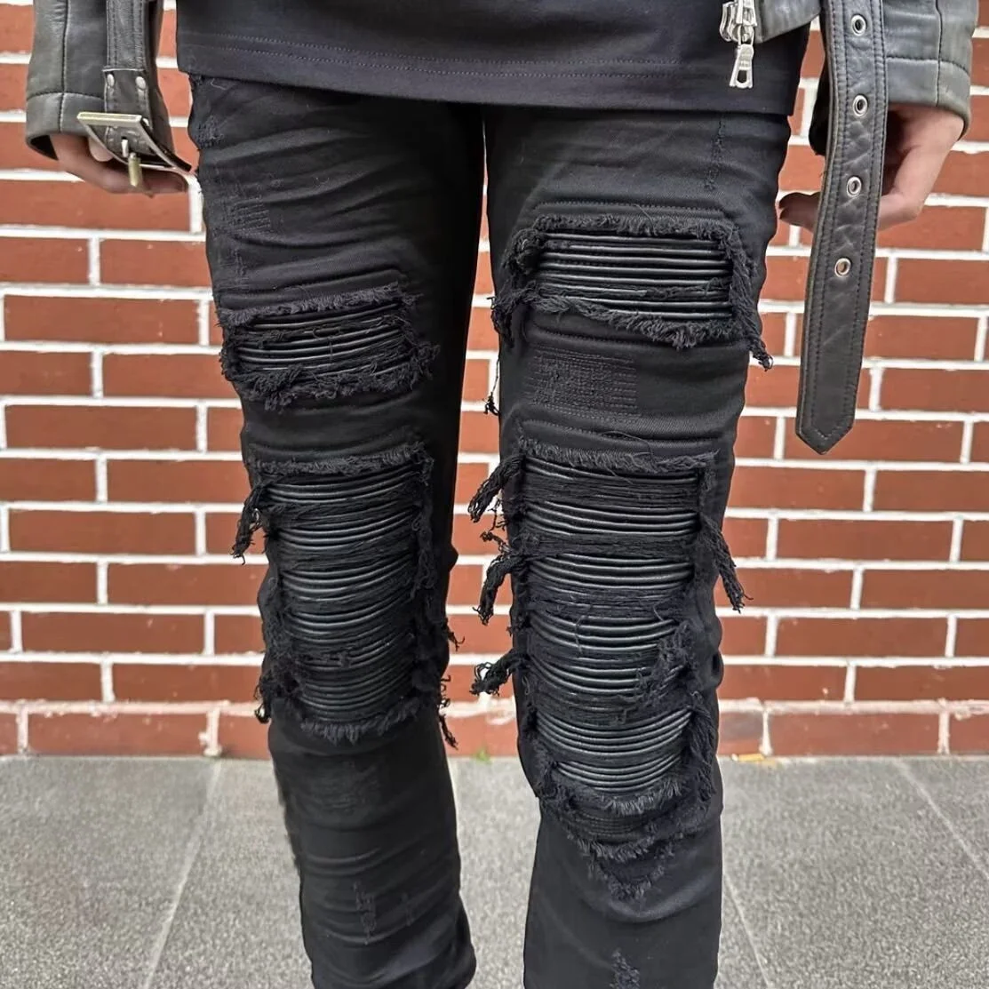 High Quality Men's Trendy Patchwork Leather Jeans Slim Fit Destroyed Washed Dark Style Poor Boy Pants Versatile Streetwear