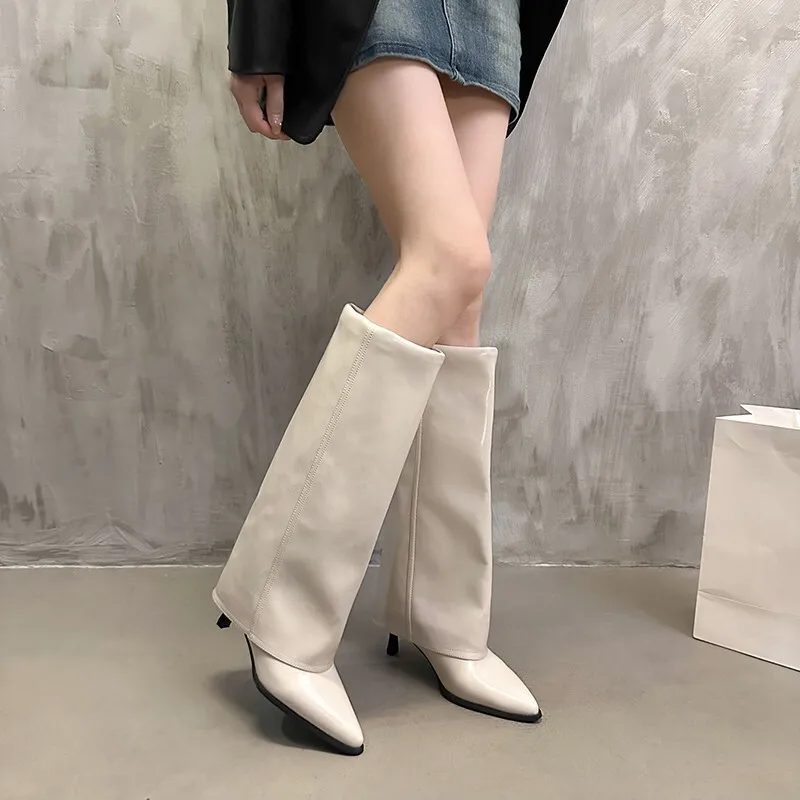 Sharp Pointed Thin Heel Long Tube Boots, 2024 Autumn And Winter New Item, Beige Slimming High-heeled Pants Boots, Niche