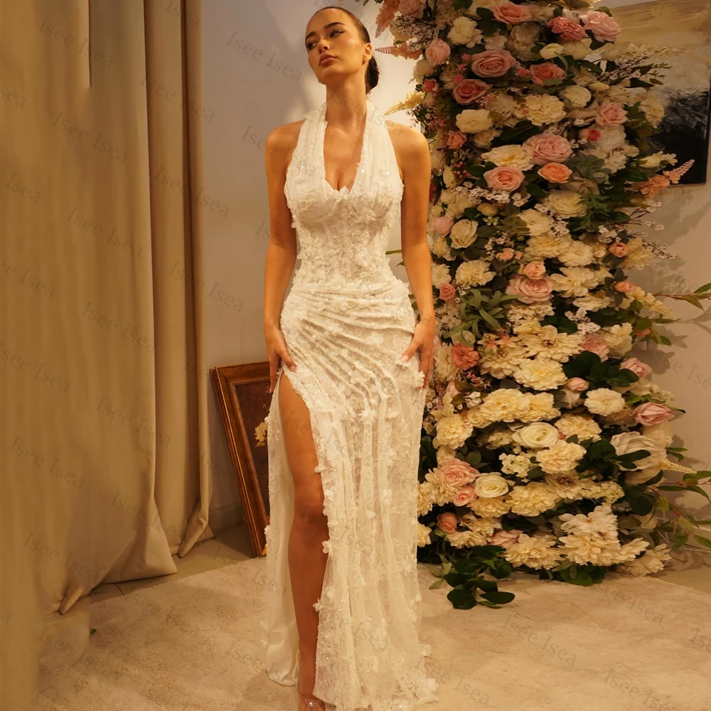

Floral Ivory Wedding Dresses Bridal Halter Neck High Split Pleat Mermaid Formal Evening Gowns 2026 vestido de novias Customized