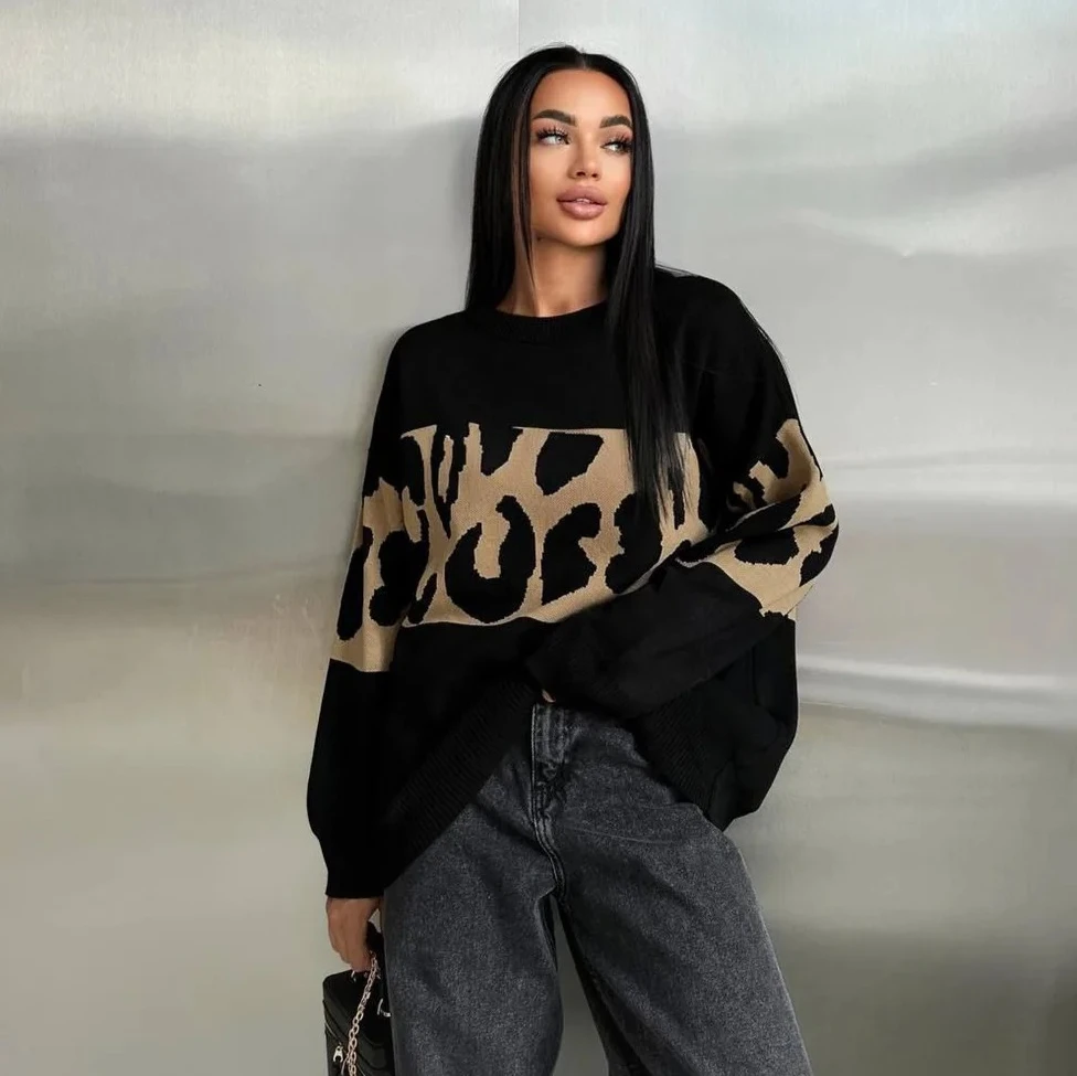Autumn Winter Vintage Leopard Print Women's Sweater Loose Causal  Knitwear Women Fashion  Female Clothing