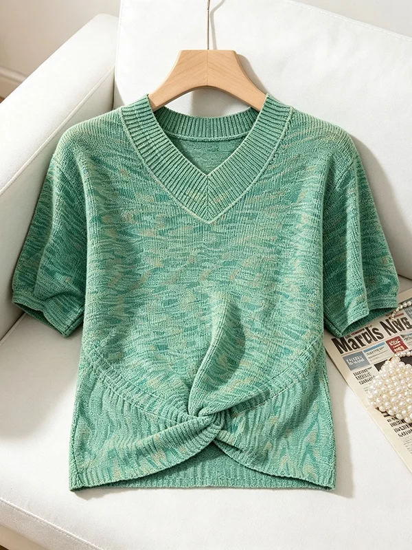 

plus Size Women's Fashionable Knitted Short Sleeve T-Shirt Summer 2026 Design Sense Versatile Knot Slimming Top Korean Style