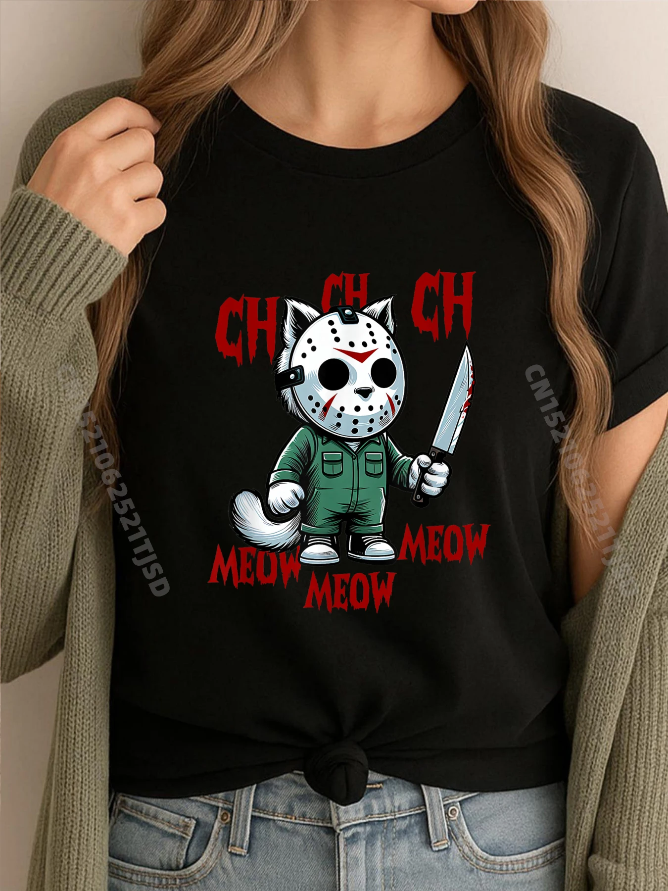 

Забавный кот, фильмы ужасов, милый Хэллоуин для любителей котенка, футболка для женщин 100, ℅ Хлопковая белая футболка женская Crazy