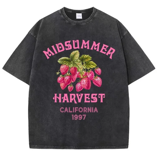 Imagen 2 del producto Camiseta de algodón para hombre, camiseta lavada con estampado de fresa de California, Top cómodo con cuello redondo, ropa de verano para hombre