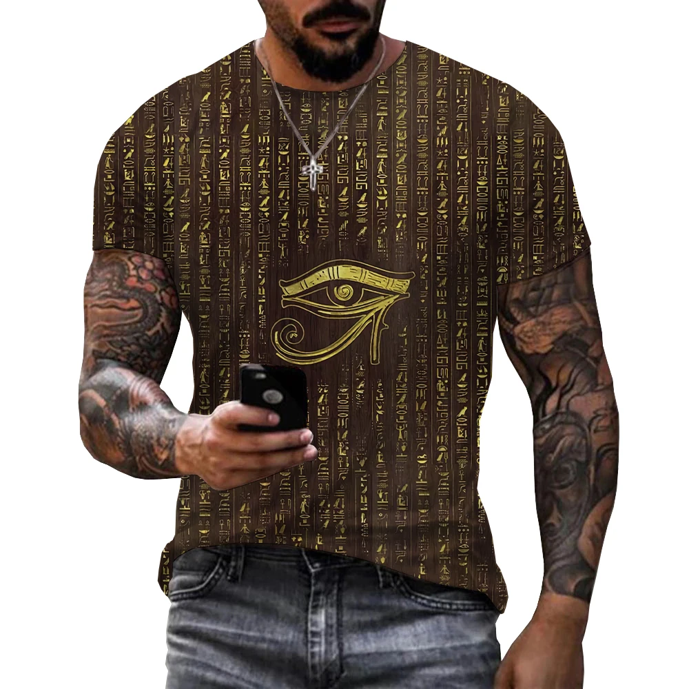 Ancient Greek Men 3D Print T-shirt Retro Pyramid Inscription Printed Tshirt Ancient Greek Mysterious Eyes Short-sleeved TShirt