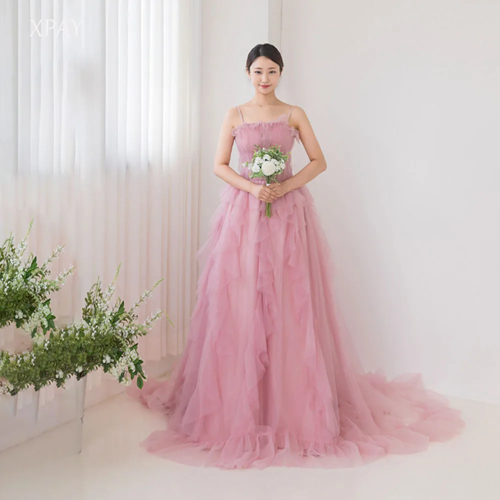 

XPAY принцесса на тонких бретельках розовые корейские вечерние платья трапециевидной формы для фотосессии длиной до пола вечерние платья для выступлений по индивидуальному заказу