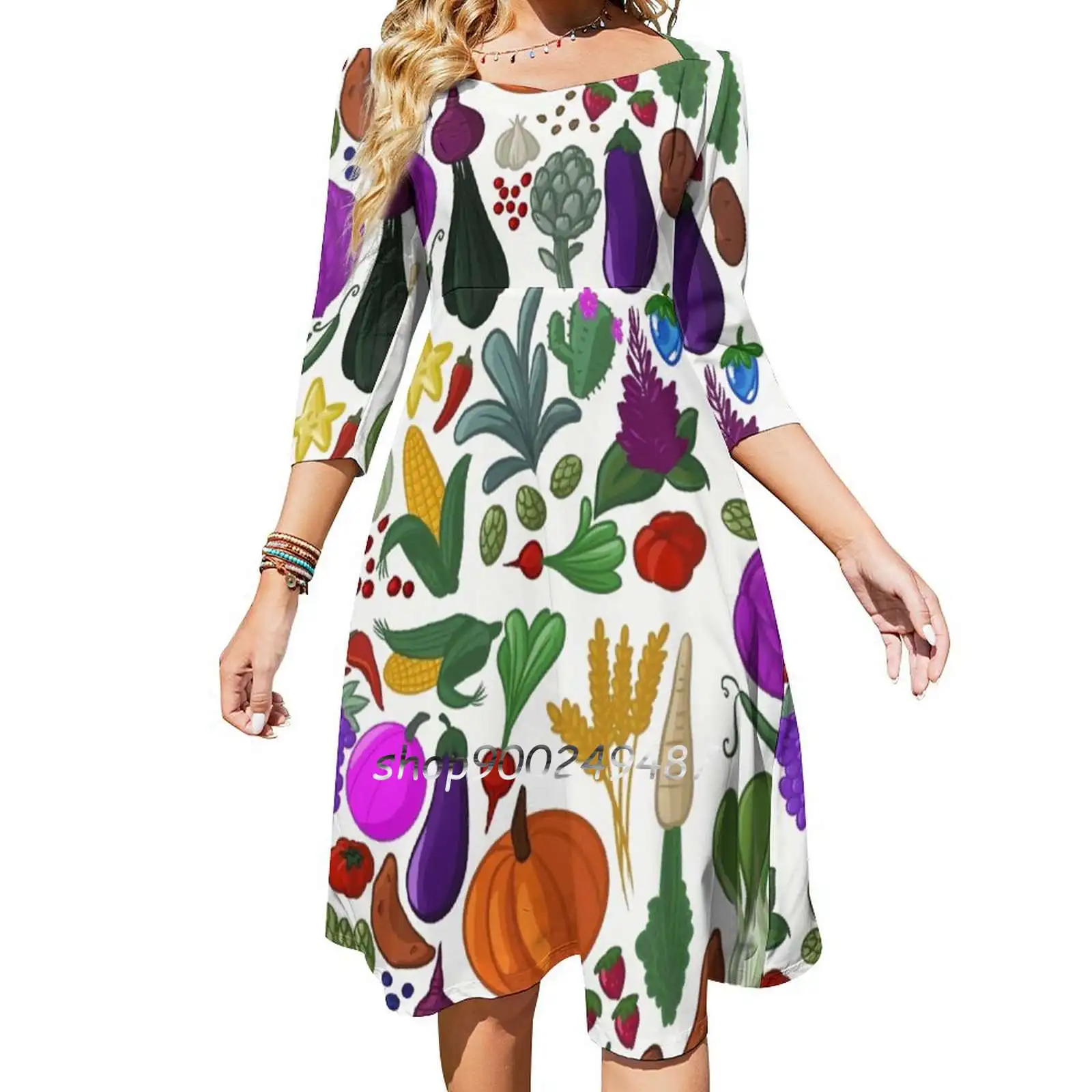 Welcome To The Valley Square Neck Dress Sweet Summer Dress Women Elegant Halter Print Dress Stardew Fruit Vegetable Veggies