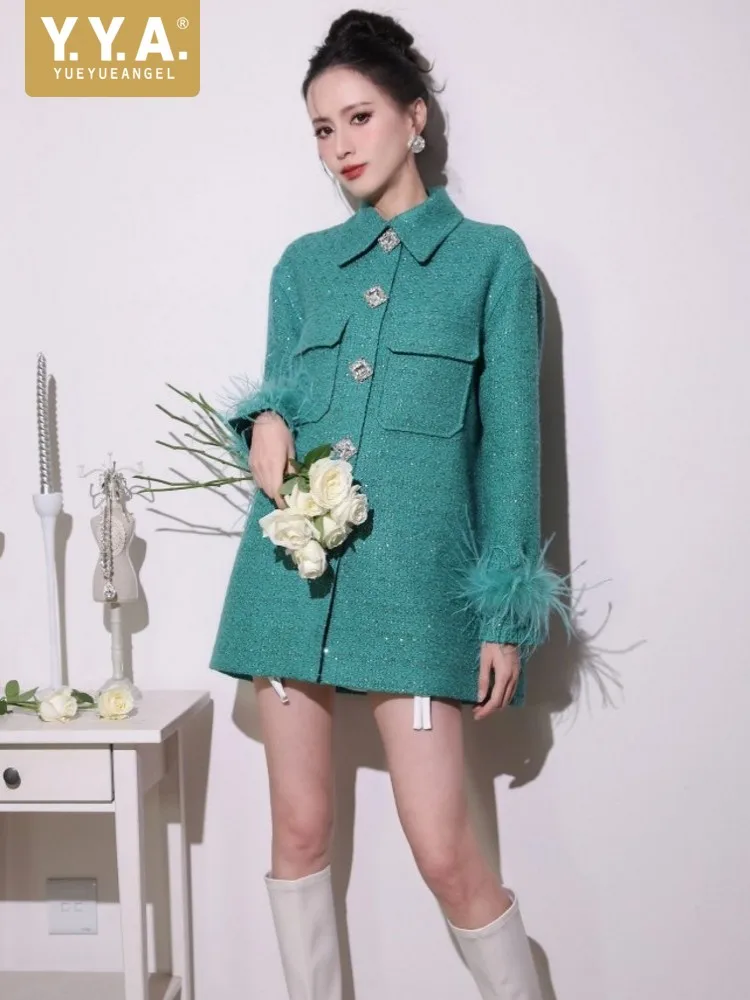 

Women Diamond Button Turndown Collar Jacket Green Feather Sleeve Coat Autumn Mid-length Elegant Outerwear Sequins Party Coats