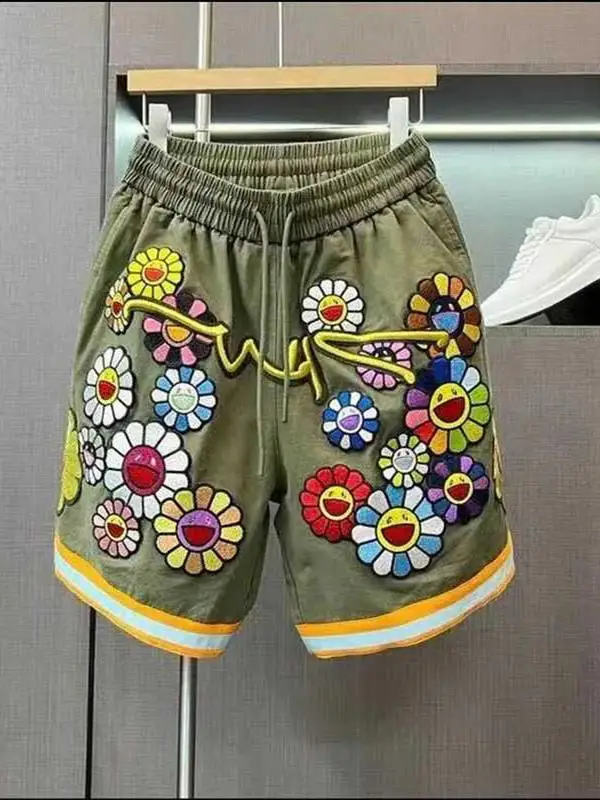 Summer New Style Embroidered Gold Thread Sunflower Casual Shorts Men's Trendy Loose Workwear Sport Pants Drawstring Five-Quar...