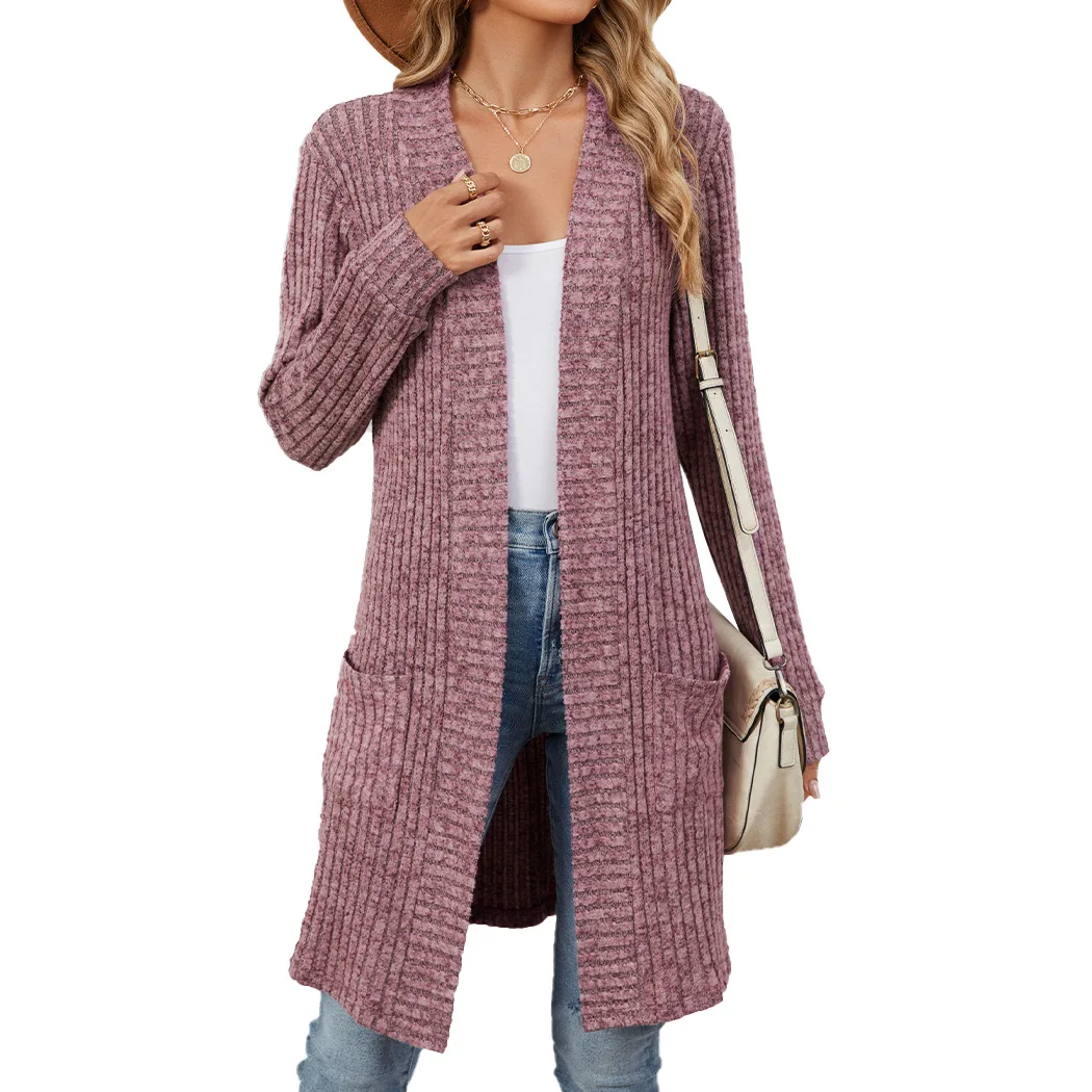 Veste cardigan à manches longues pour femme, poche adt, document long, automne et hiver