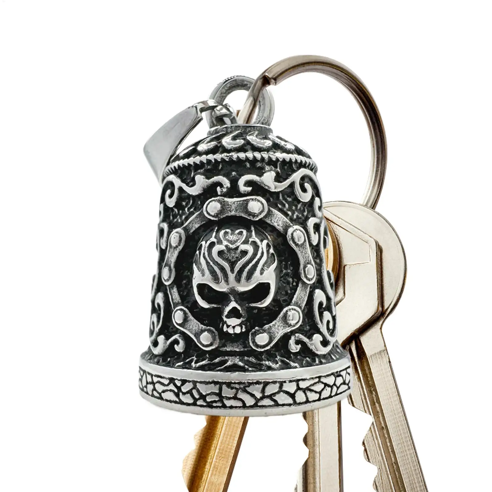 Men Motorcycle Riding Bell 3D Flame Skull Stainless Steel Motorcycle Bell Vintage Handmade Biker Ornament Rider Key Chain Bell