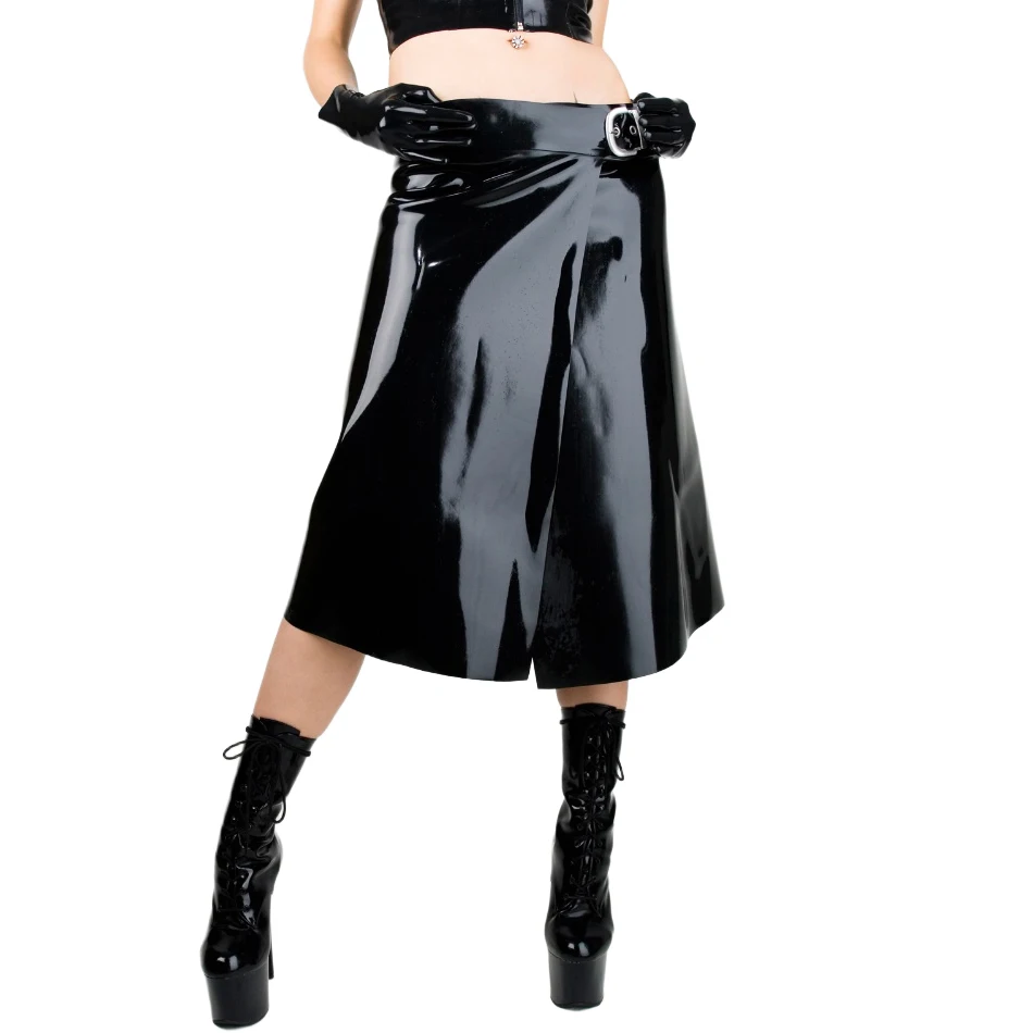

Black Sexy Latex Kilt With Belts Short Calf Length Low Waist Rubber Skirts Bottoms Uniform Outfit 0008