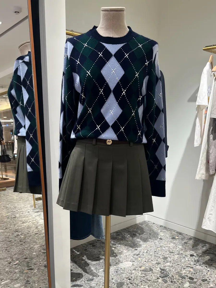 High-End Version Color Block Diamond Pattern Short Knitted Sweater round Neck Long Sleeve Women's Fashion Top Quality Blue