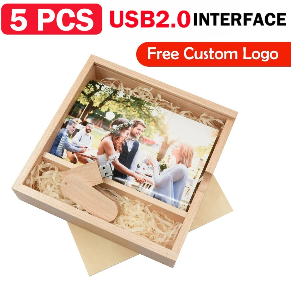 

5 шт., бесплатный логотип, деревянная подарочная коробка для фотографий, флэш-накопитель USB 2,0, свадебный индивидуальный флэш-накопитель, реальная емкость, карта памяти для фотографий, U-диск 64 г