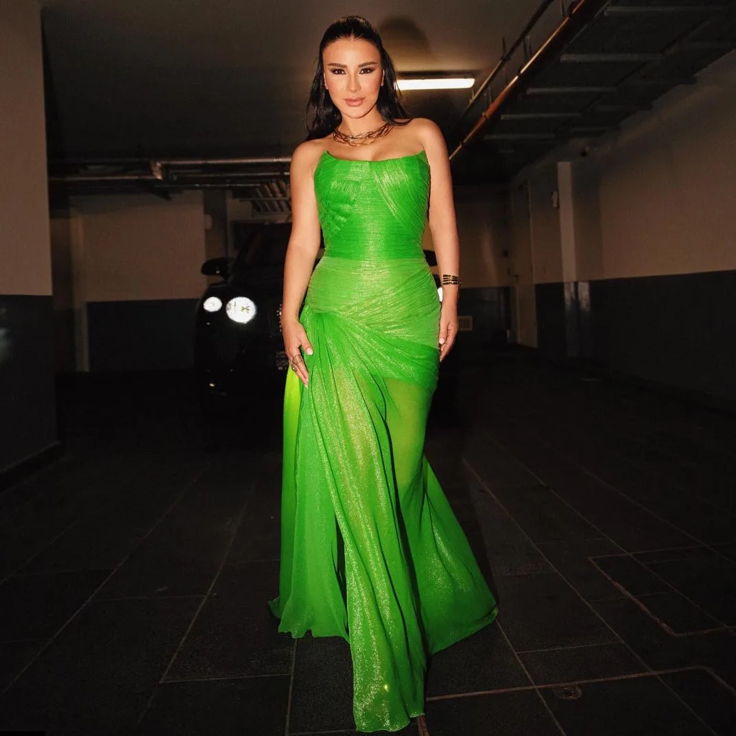 Bright Green Shiny Evening Dress See Through Strapless Ankle Length Prom Dress  Graceful Chiffon Woman Clothes Custom Made