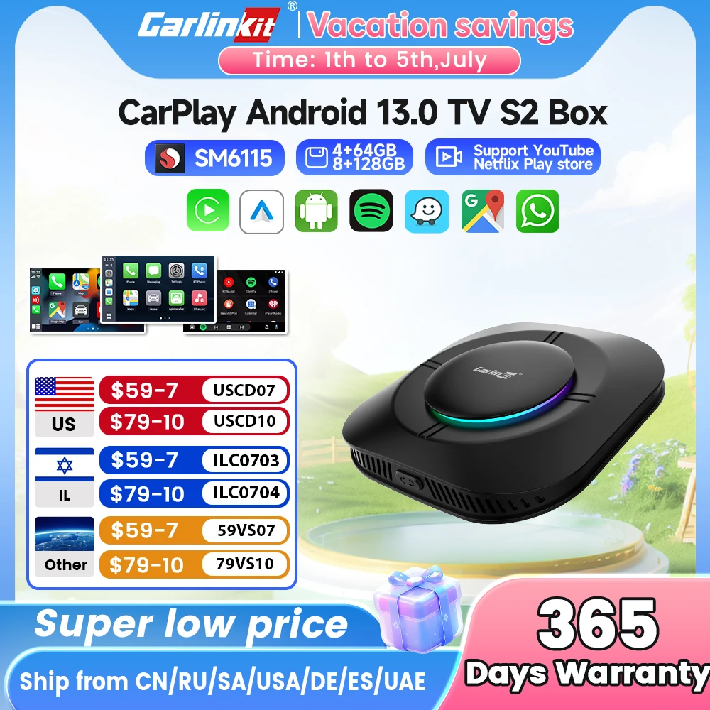 

2025 Carlinkit Ai Box LED Android Wireless Carplay adapter Android 13 Qualcomm 6115 8-cores 64G Smart Tv Box For Netflix IPTV