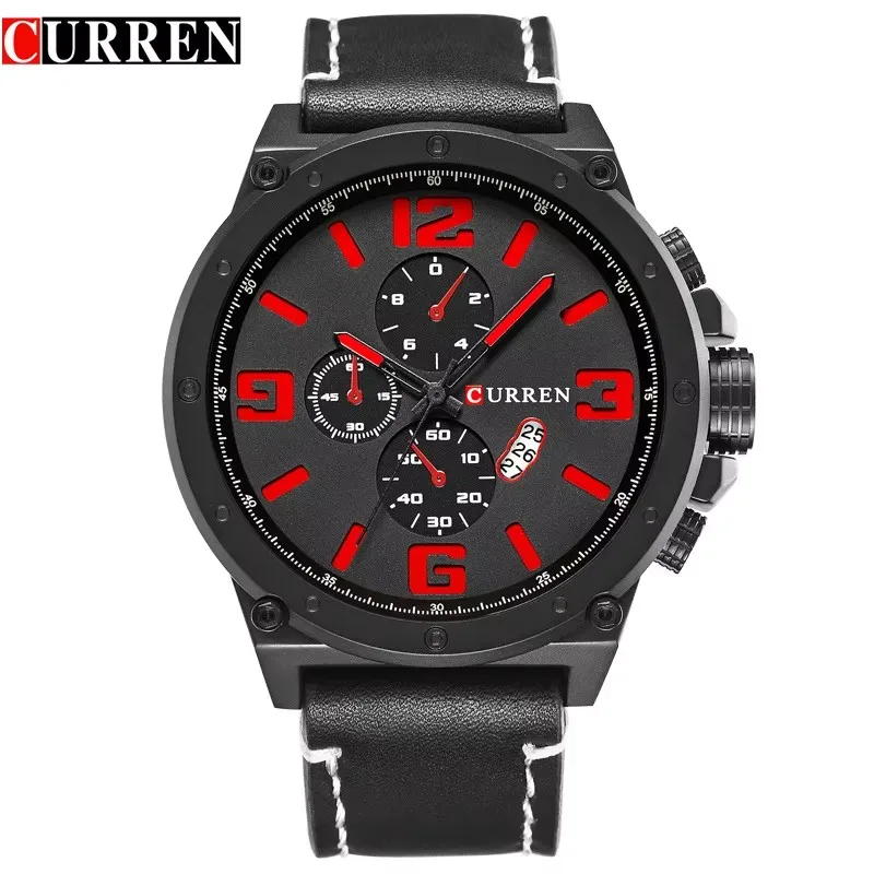 CURREN 8230 Men Quartz Watch Fashion Unique Outdoor Brown Black Leather Strap Wristwatch for Male Gift Chronograph Not Available